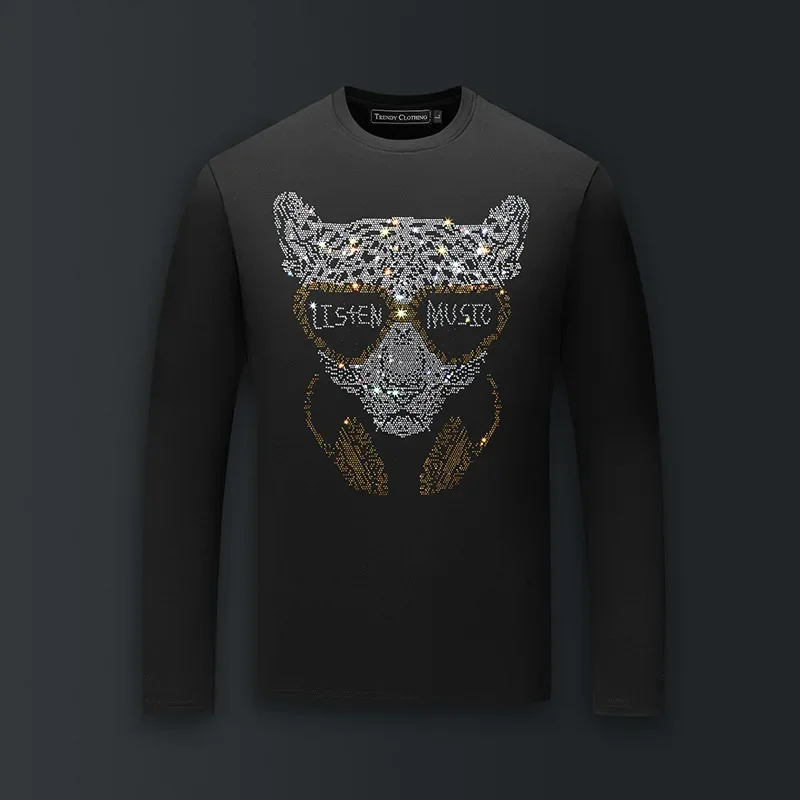 

High Quality Cartoon Rhinestones T Shirts Men Top Fashion Streetwear O Neck Long Sleeve Slim Modal Cotton Tshirts Mens Clothing