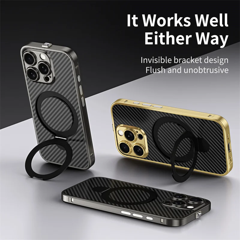 For iPhone 16 15 Pro Max Aluminum Alloy Frame Magnetic Bracket Detachable True Carbon Fiber Backplate Magsafe Protective Cover