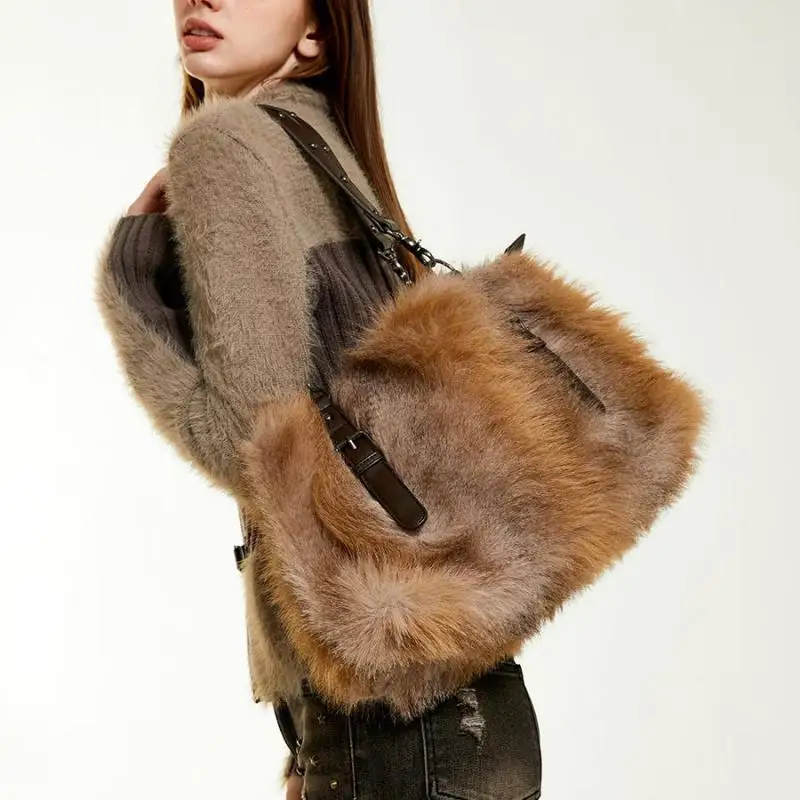 Luxury Brand High-quality Faux Fur Shoulder Bag American Retro Autumn And Winter Plush High-end Feeling, Large Capacity Tote Bag