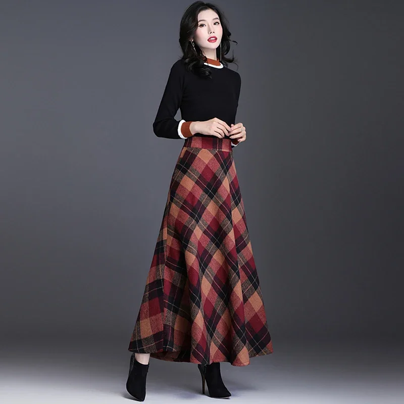 Plus Size 3XL Women Plaid Skirt Thick Warm Elegant Tall Waist 2024 Winter Casual Woolen Long Plaid Skirt