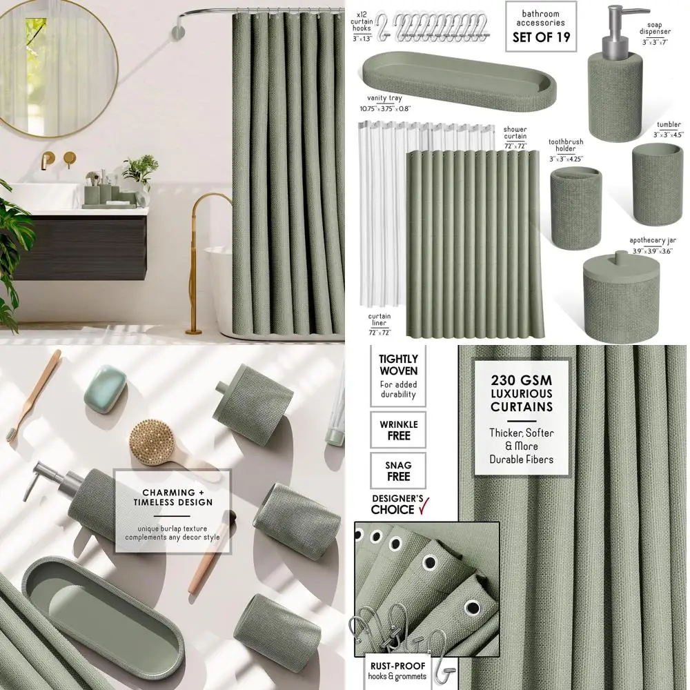 

19-Piece Sage Green Bathroom Accessory Set with Shower Curtain, Soap Dispenser, and Toothbrush Holder