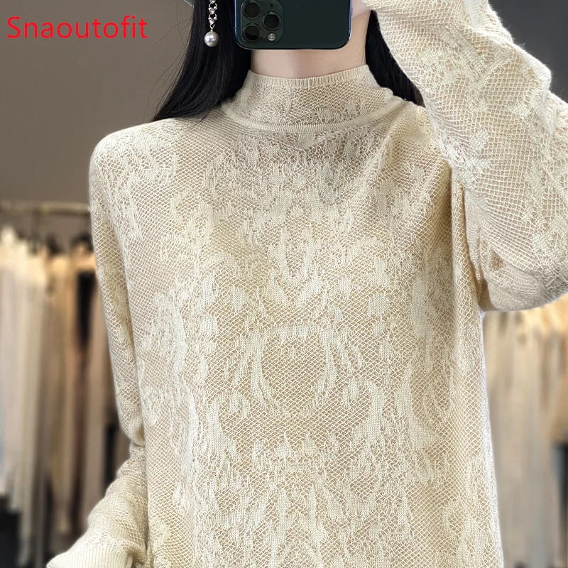 Spring/Summer Stereoscopic Hollow Wool Knit Sweater Women\'s Pullover Thin Fashion Long-Sleeved Half-High Collar Sexy Chic Top