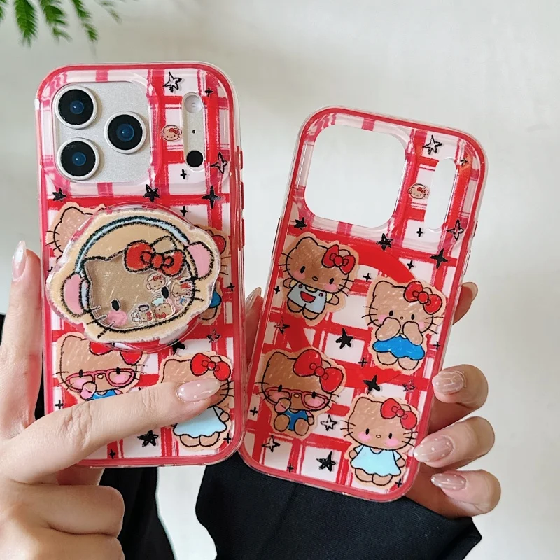 

Cute cartoon Star Hello Kitty grid Magsafe Wireless Charge Case For iPhone 13 14 15 16 17 Pro Max Kitty Shake Magnetic Stand﻿﻿﻿﻿