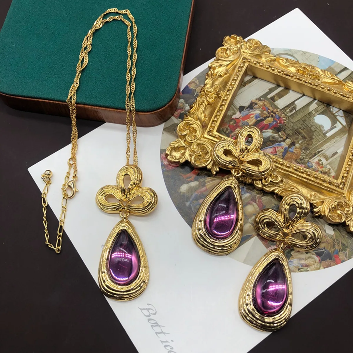 

Antique Amethyst Jewelry Set Vintage European Court Natural Purple Stone Chunky Ear Drop Dangle Earring 5ct Teardrop Gem Pendant