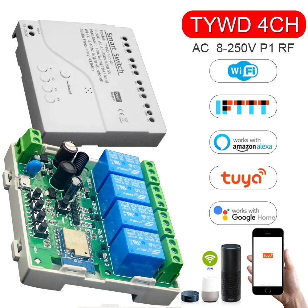 Tuya Smart Switch 4CH Relay Module Home Automation DC5V 7-32V AC 220V RF433Mhz Remote Control 4 Gang Work With Alexa Smart life