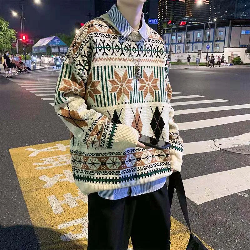 2022 Spring And Autumn New Versatile Same Color Japanese Retro Outwear Knitwear Christmas Couple Dress Korean Sweater Male