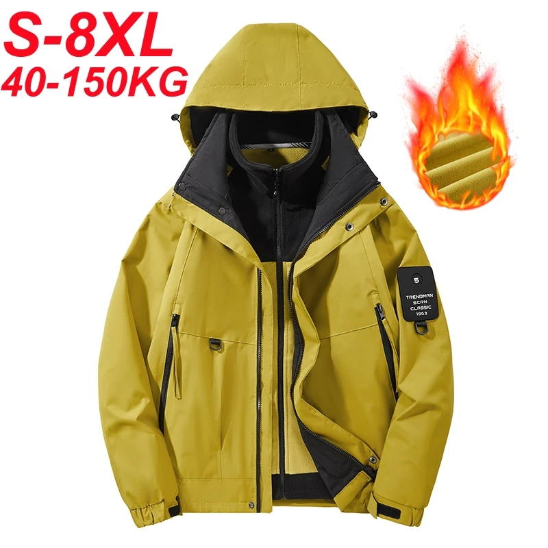 Big Size 8xl Outdoor Waterproof Jackets Men Hooded Removable 3 in 1 Jacket Thick Warm Softshell Camping Windbreaker Hiking Coats