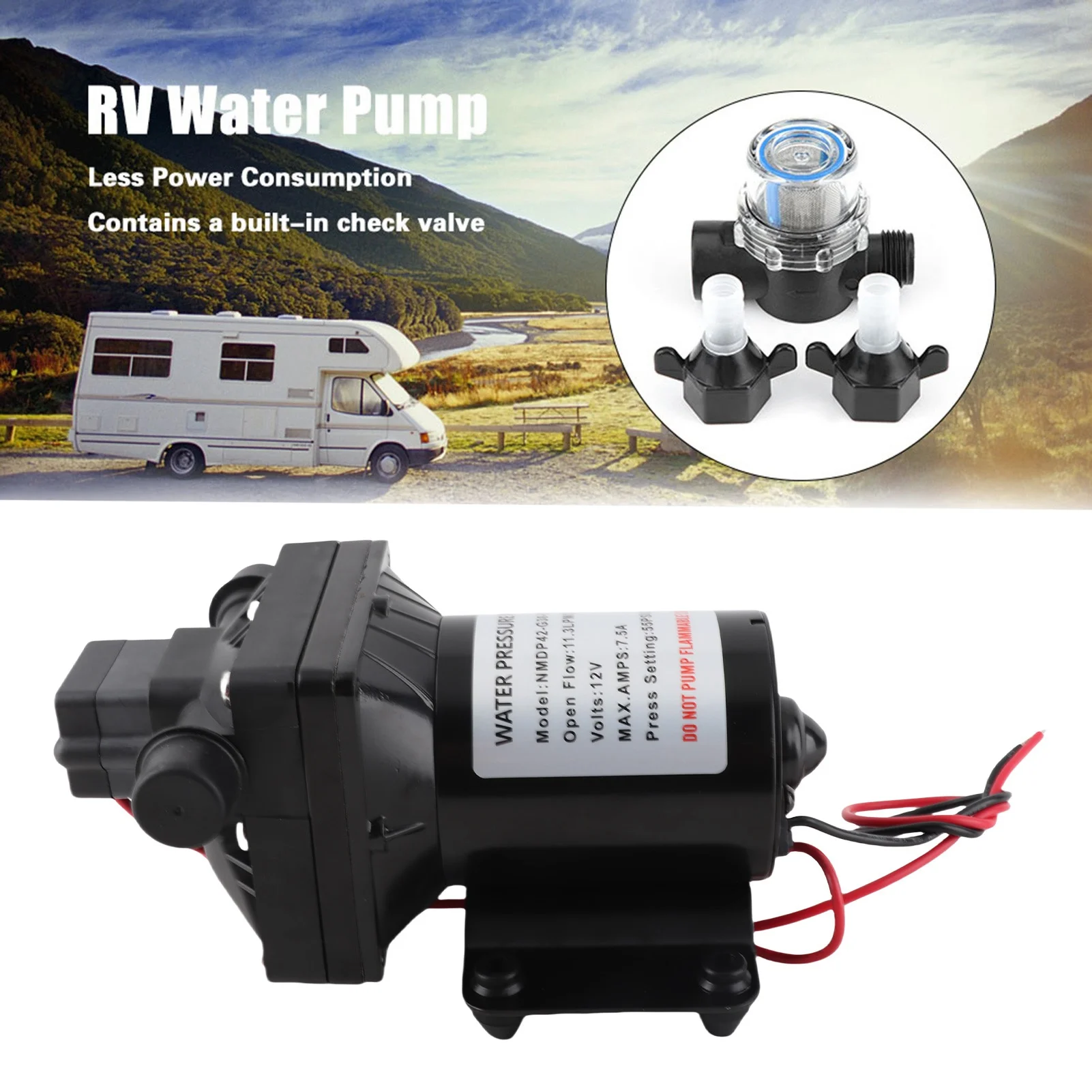 

55 PSI 3 Gallons Per Minute 7.5 Amps 12V DC RV Caravan Selfpriming Water Pump 4008101E65