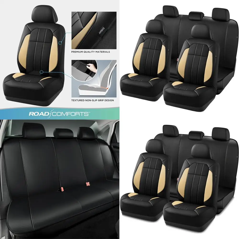 

Breathable Beige Leather Car Seat Covers, Full Set Airbag Compatible, Universal Fit for Cars, Vans, SUVs