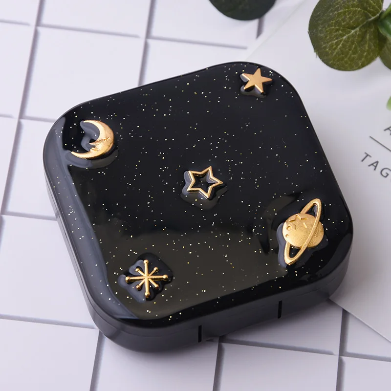 New Black Starry Sky Series Contact Lens Care Box with Mirror School Travel Portable Color Contact Lenses Duplex Case Organizer