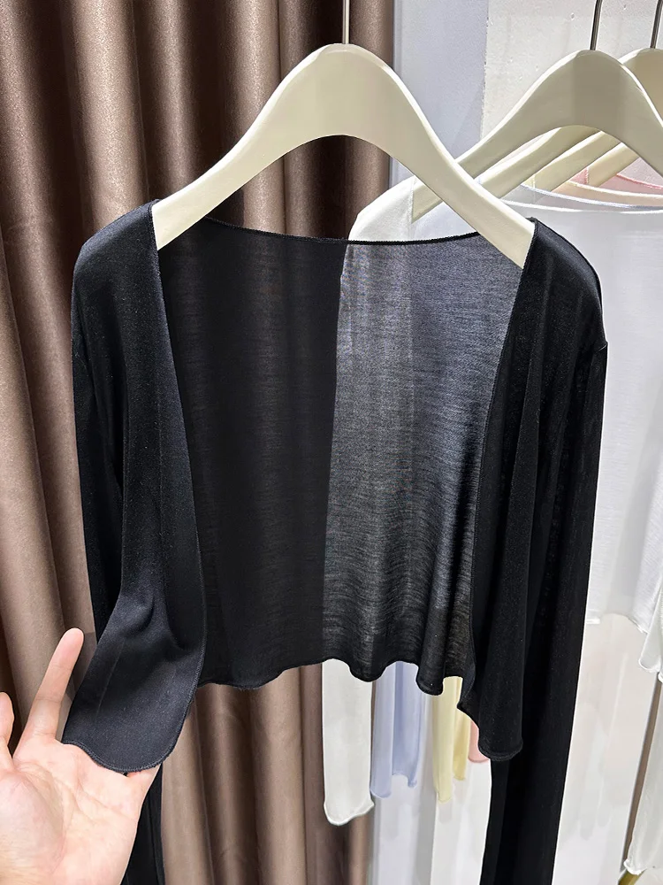 

Элегантный женский кардиган из лиоцелла и шелка с длинными рукавами, вязаный, на весну, с красивыми открытыми плечами, верхняя одежда