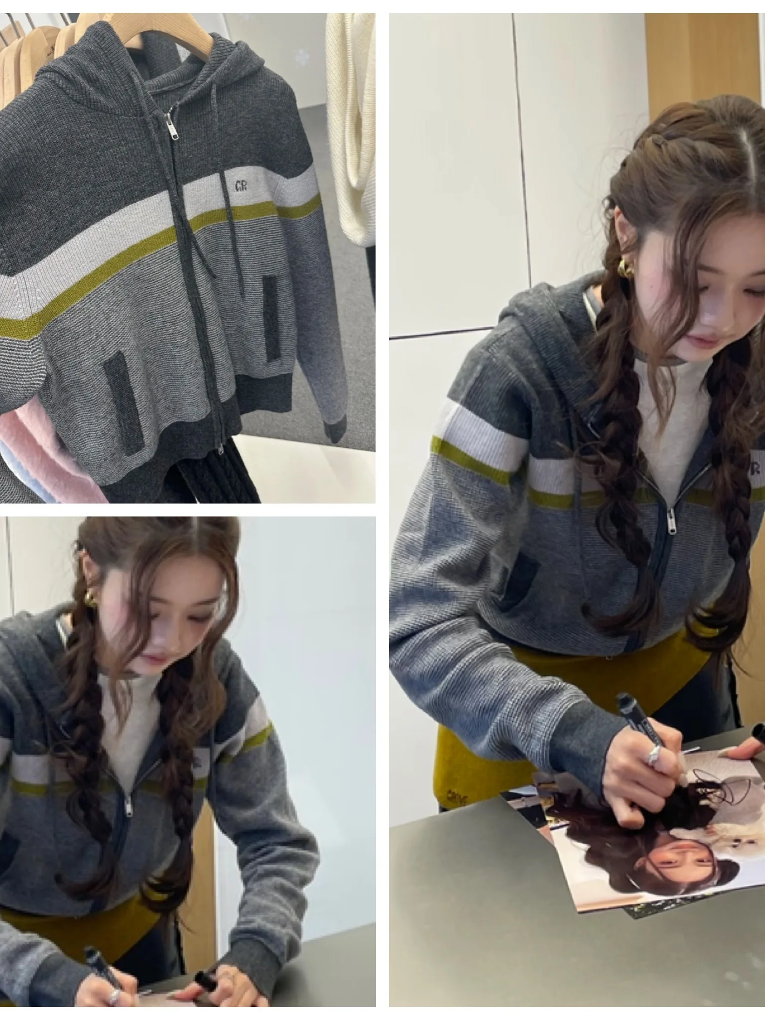 

Длинный вязаный свитер с капюшоном на молнии, в стиле колледж, с цветными вставками и вышивкой букв, женская модная верхняя одежда из полиэстера