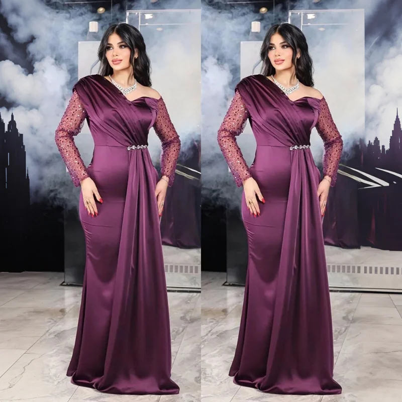 Robe de soirée en dentelle pour femmes, grande taille, couture élégante, plis, Slim, demoiselle d'honneur, traînante, Banquet, asymétrique épaule dénudée, robes longues pour dames