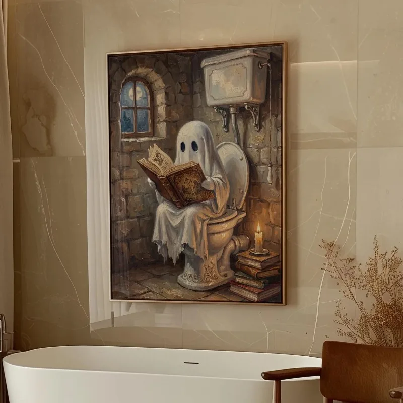 Funny Ghost Reading Old Book Sitting on Toilet Stone Bathroom Candle Halloween Canvas Poster Prints Frameless Wall Art Decor