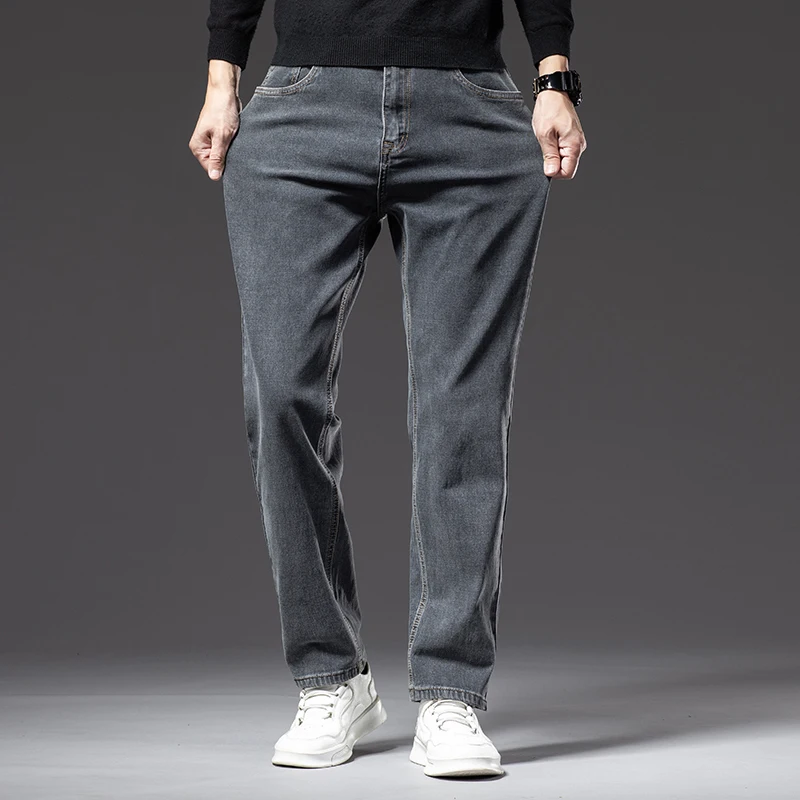 Jean à jambes droites pour homme, pantalon en coton, extensible et décontracté, de marque, bleu-gris, grande taille 40 42 44, nouvelle collection