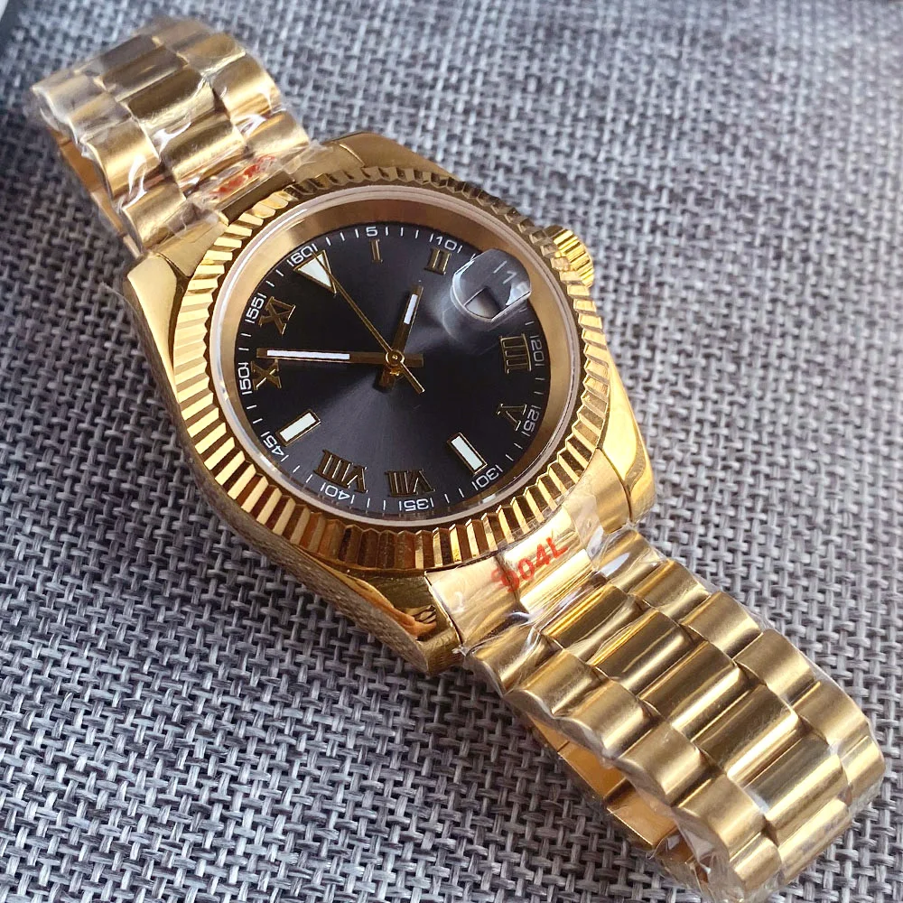 36mm 39mm Day Date Yellow Gold Curved Fluted Automatic Watch Men Japan NH35 Roman Number Sunburst Grey Dial Flat Sapphire Glass