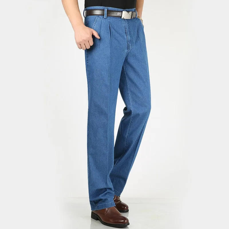 

KIDWHXR Man Straight-leg Pant Spring Summer Simple Solid Color Pleated Male Denim Pant Thin Washed Business Casual Men Trousers