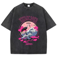 Vintage Womens Acid Wash T-Shirts Tokyo Harajuku Printing Tees Crewneck Cotton Oversized Short Sleeve Fashion Female Clothes