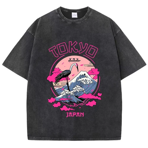 Imagen 1 del producto Vintage Womens Acid Wash T-Shirts Tokyo Harajuku Printing Tees Crewneck Cotton Oversized Short Sleeve Fashion Female Clothes