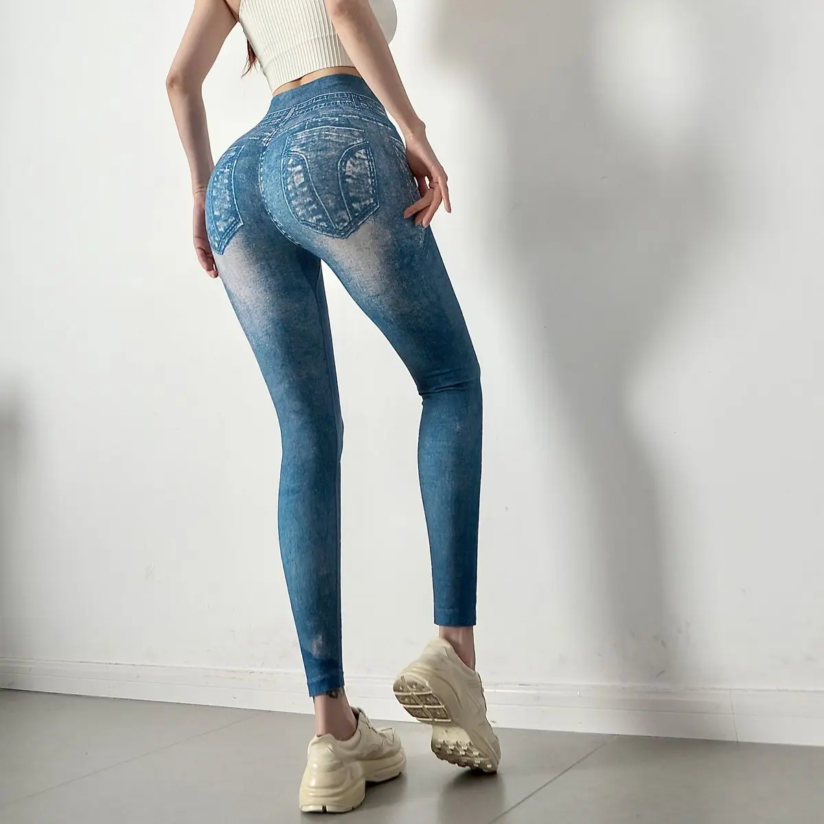 Open Crotch Outdoor Sex Pants Faux Jeans Women Print Slim Fit Peach Hip Push Up Leggings Stretch Sport Gym Running Sexy Trousers