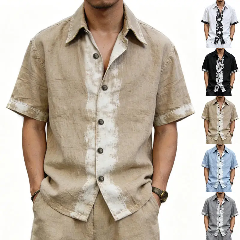 

Men's Summer Fashionable Linen Loose Casual Retro Short Sleeve Turn-down Collar Shirt Thin Spring Unisex Plain Color Shirt