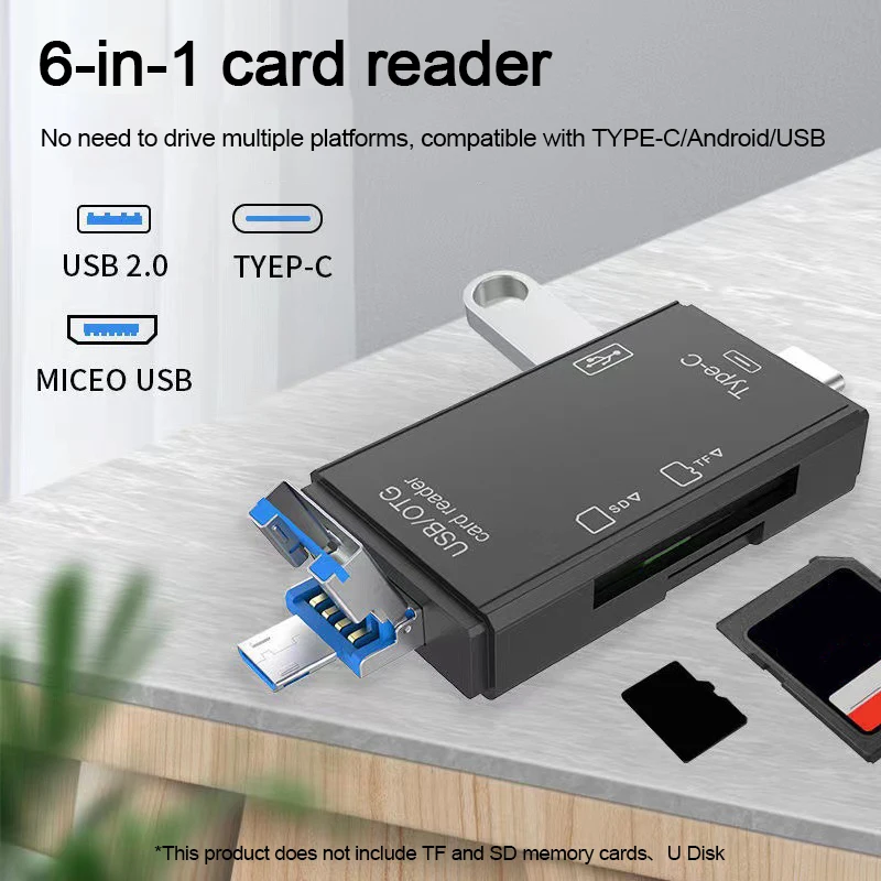 

6 in 1 Type C Micro USB Portable SD Memory Card Reader High-speed Transmission Adapter For PC & Laptop