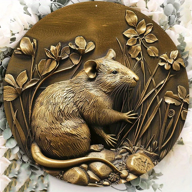 

Golden Rat Statue Aluminum Metal Sign, Decorative Sitting Figure, Door Hanger, Wall Art, Perfect for Home Decor, 8in, 11.8in 1PC