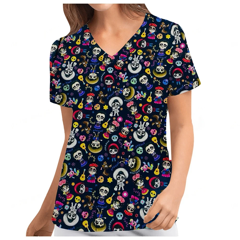 

Men's and Women's Summer Short Sleeve V-Neck Nursing Work Clothes Disney Halloween Skull Funny Print Ophthalmology Work Uniform