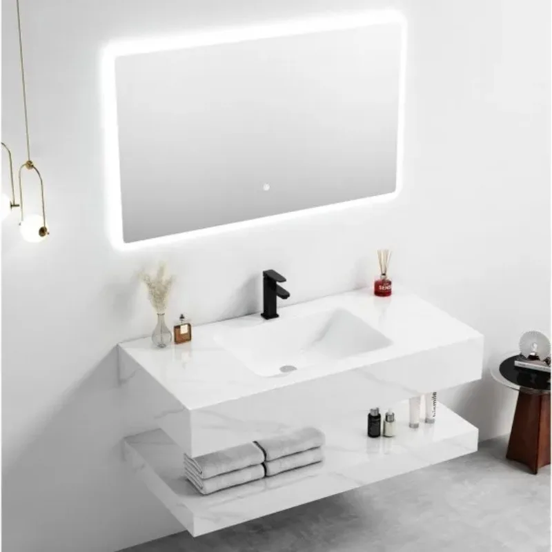 

Современная двухслойная каменная плита, встроенная керамическая раковина, бесшовная комбинация умывальника, двойные шкафы для ванной комнаты, лаковая отделка, дверь