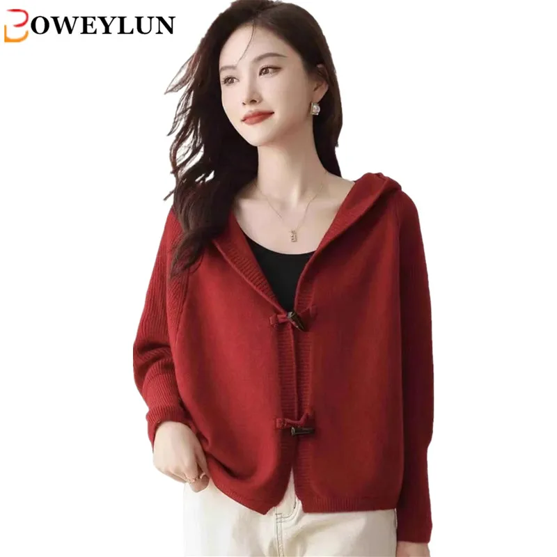 

BOWEYLUN Solid Color Commuter Knitted Cardigan Jacket Women's Spring and Autumn Croco Button Casual Loose Hooded Tops Female