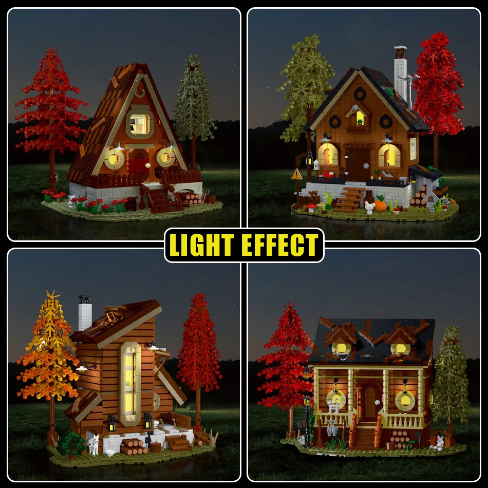 2025 Ideas Forest Cabin Street View MOC Building Blocks with LED Strip Wooden House Architecture Modular Bricks Toy for Kid Gift