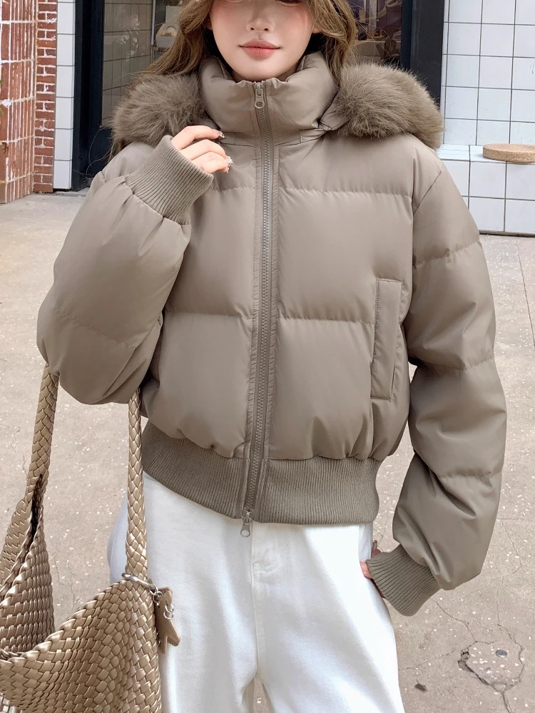 เสื้อแจ็คเก็ตพัฟเฟอร์มีฮู้ดสำหรับผู้หญิง ฤดูหนาว หนา อุ่น แบบสั้น มีปกขนสัตว์ ช่วงเอวเข้ารูป ผ้าพลัฌ สไตล์ลำลอง หวานๆ สตรีทแวร์ เสื้อคลุม