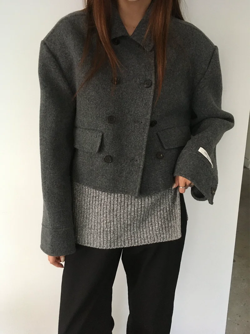 2 farben Retro Elegante Kerbe Kragen Zweireiher Farbe Woolen Mäntel frauen Winter 2026 Neue Strickjacke Tops Weibliche (YL1587
