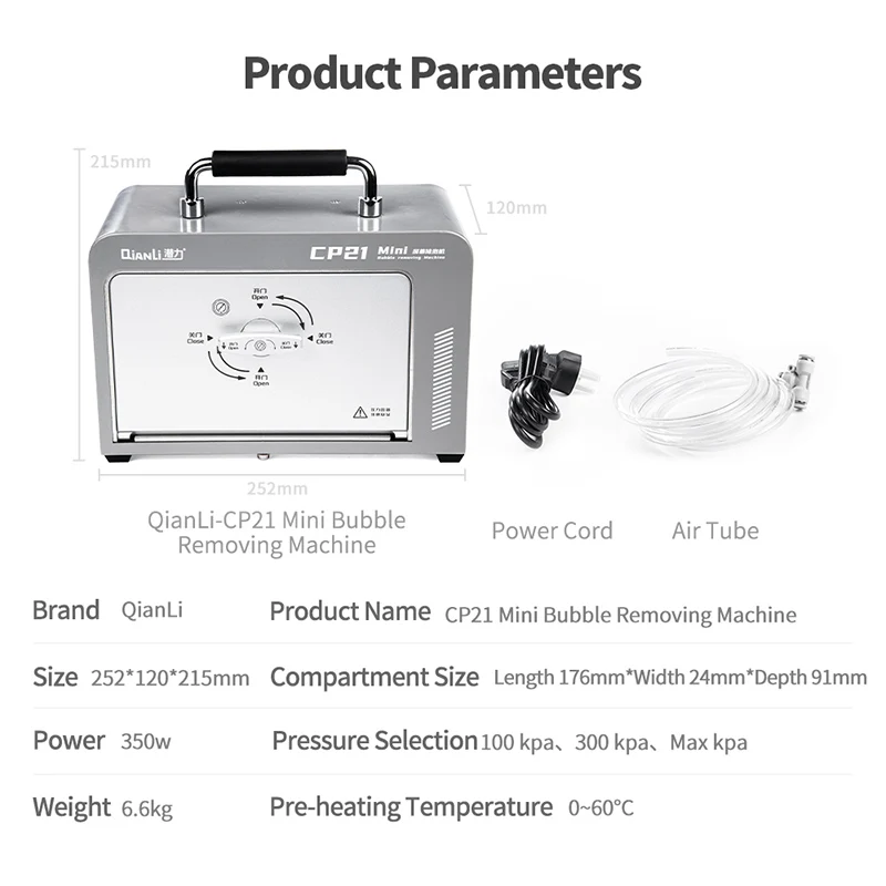 QIANLI NEW CP21 Mini LCD Screen Bubble Removing Machine for Mobile Phone Repair High Pressure Defoaming Tool