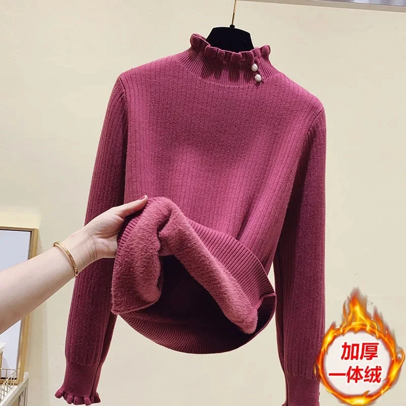 2023 New Autumn Winter Women Pullover Turtleneck Sweater Vintage High Quality Thicken Warm Mink Fleece Lining Knitted Sweaters