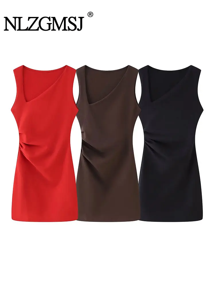 2025 Summer Women's Solid Mini Dress Fashion Pleated Decoration Dresses for Women Sleeveless Short Dress Elegant Dress