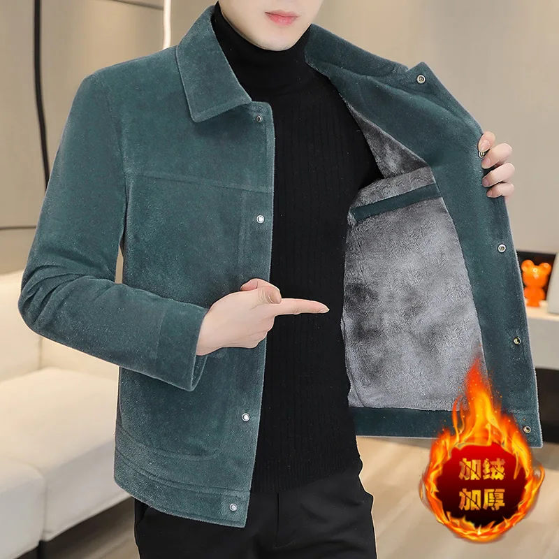 

2023 Winter Velvet Woolen Jacket for Men Solid Color Plush Thickened Short Trench Coat Casual Business Streetwear Overcoat