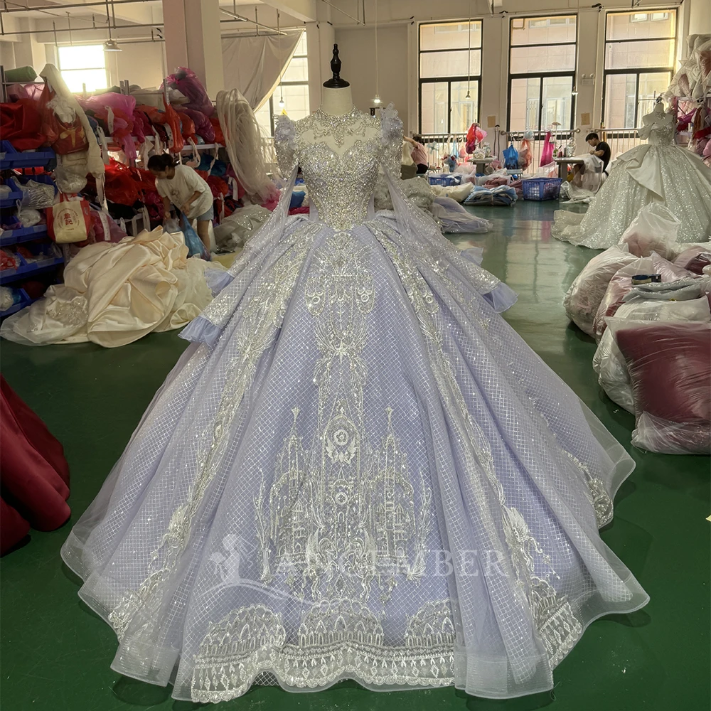 High Collar Long Sleeve Wedding Dress Flash Sale Beaded Ball Dress Shining Beaded Bride Dress Customization فساتين حفل