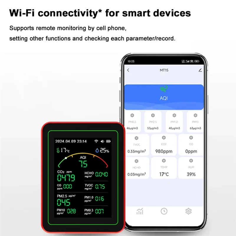 ABFI Tuya Wifi 15 en 1 AQI PM0.3 PM1.0 PM2.5 PM10 moniteur de qualité de l'air intérieur testeur Portable température 4800Mah APP contrôle