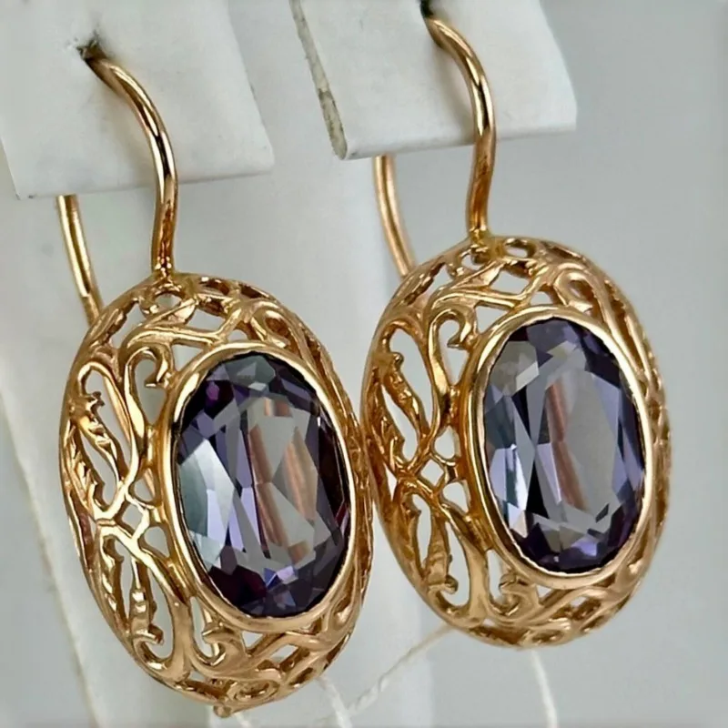 Luxury Sparkling Oval Synthetic Amethyst Golden Plated Dangle Earrings for Women Fashion Temperament Banquet Jewelry Accessories