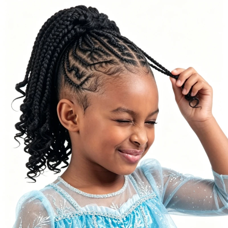 

Black Girls Kids Braided Ponytail Wig 11 Inch Curly End Bob Box Braid Detachable Synthetic Baby Headwear