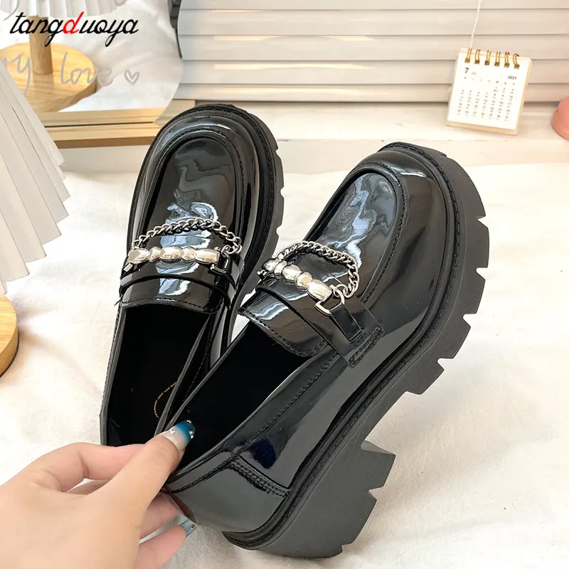 French Style Woman High Heels Pumps Chaussure Femme Patent Leather College Shoes Lolita Cosplay Platform Chunky Sole Loafers