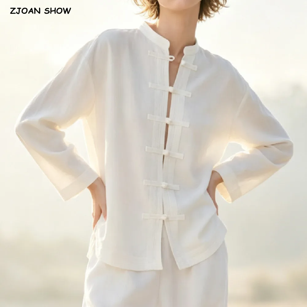 Chinese Style Retro Women's Stand Collar Single-breasted Rope Buttons Long Sleeve Shirt White Loose Casual Blouse Short Tops