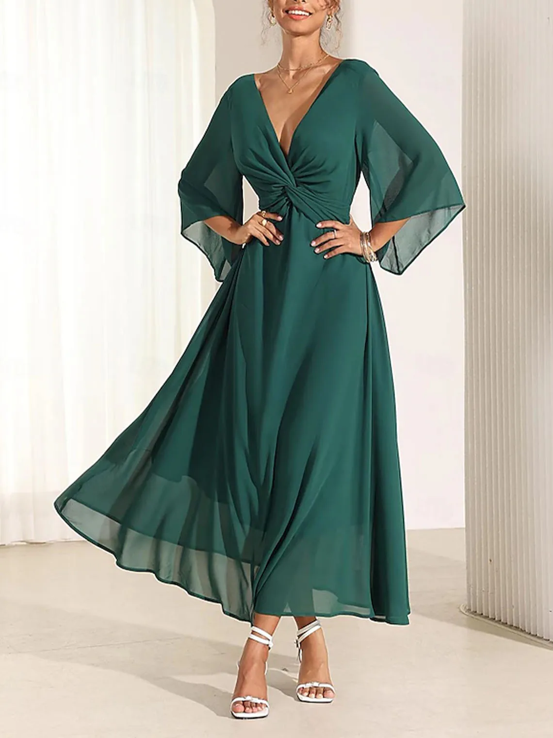 Gaun Malam Elegan Model A-line Bahan Chiffon Kerah V Lengan 3/4 Mengembang Ruffle Panjang Se-mata Kaki untuk Tamu Pernikahan/Pesta Prom 2025 Gratis Ukuran Sesuai Pesanan