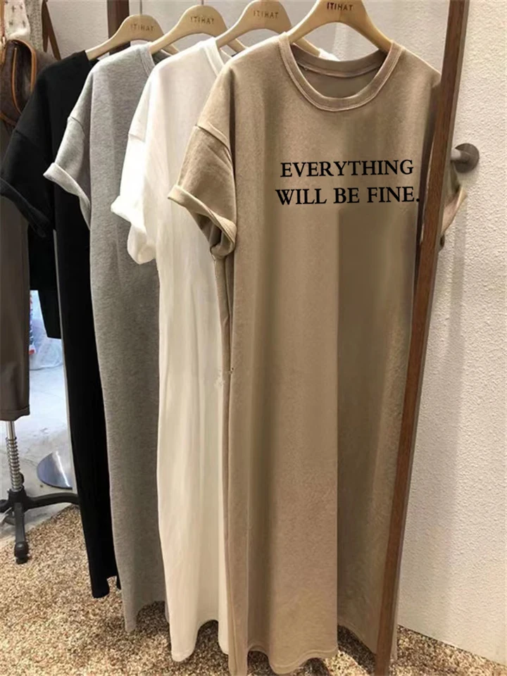 Vestido de verano delgado, talla grande, holgado, manga corta para mujer 2025 nuevo, estampado de letras, escote redondo sencillo 4