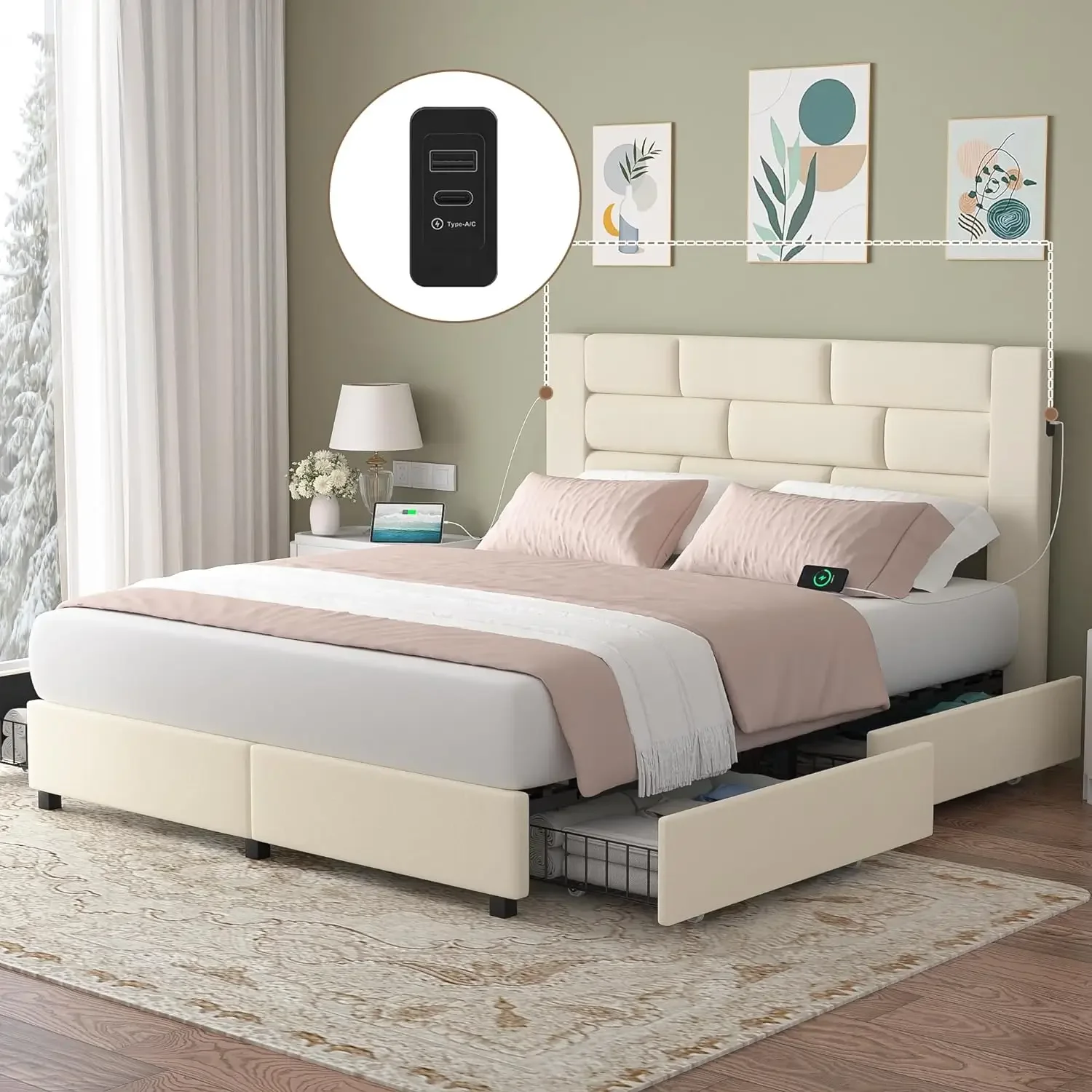 

VECELO Queen Size Bed Frame with 4 Storage Drawers, Upholstered Platform Bed Frame with Velvet Headboard and Charging Station,