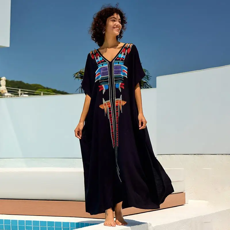 Women Black V Neck Bikini Cover Up Kaftan Robe Holiday Vocation Loose Beach Dress Bathing Suit Cover Up Beach Wear