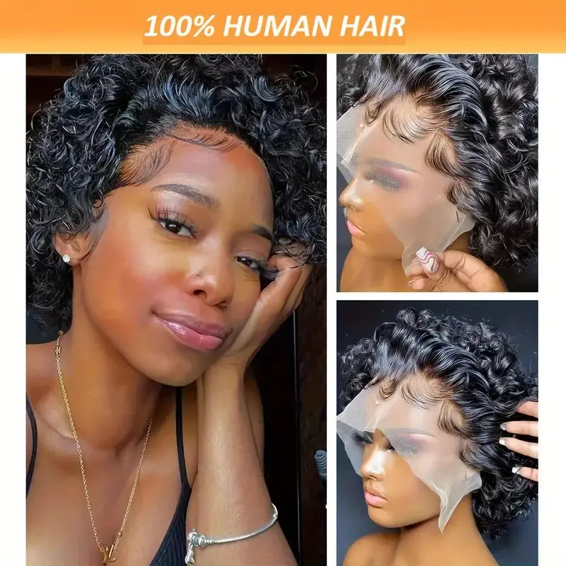 Pixie Cut Lace Front Wig for Women 180% Density Pre-Plucked Water Wave Human Hair