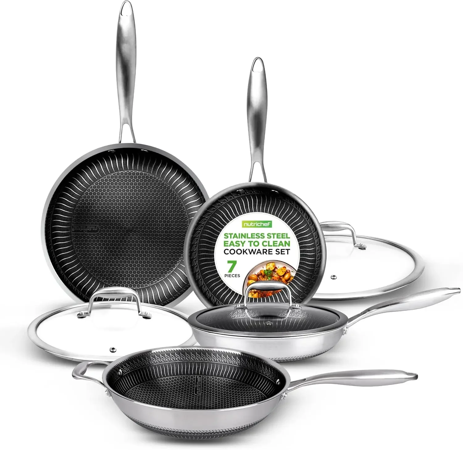 7-Piece Tri-Ply Stainless Steel Frying Pan Set & Wok – Nonstick, Induction Compatible, Oven Safe, Scratch-Resistant, D