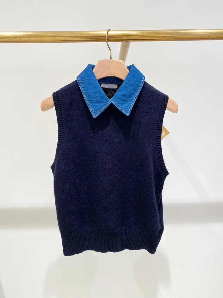 

S Home South Oil High End Women's Denim Patchwork Knitted Vest Top for Autumn Season Ladies Faion Commute Sle Slim Fit